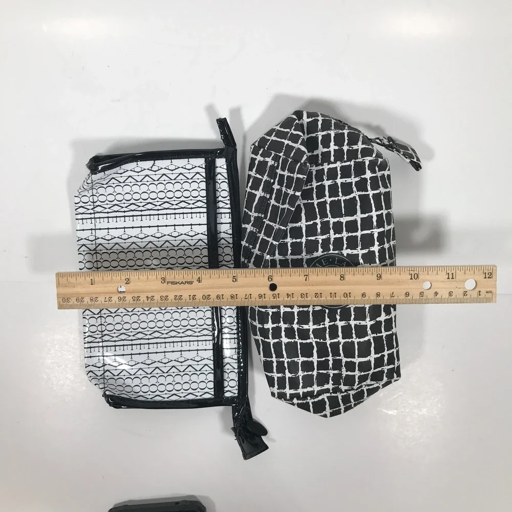 Lancome Paris Cosmetic Bag Set Black White Grid Logo Makeup Travel Pouches 2pc